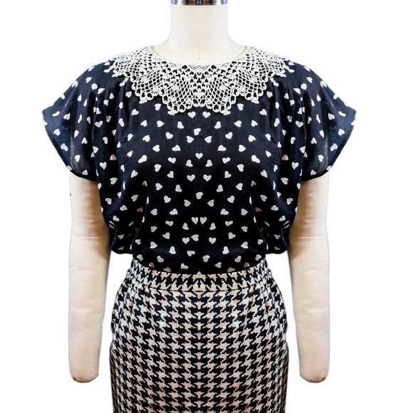 Ruth - Heart Print Cotton Blouse with Up-cycled Collar - Size Medium/Large
